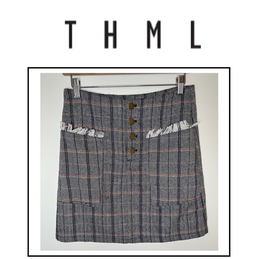 THML Mini Skirt Herringbone Plaid Pattern Sz S Black White Blue Burgundy #807